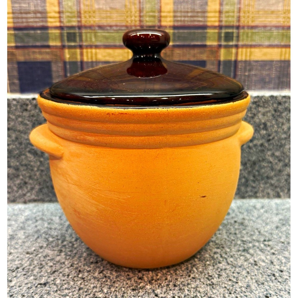 Glossy Beige & Brown Pottery Ceramic Jar Canister w/ Handle Lid, 5 in, Set of 2